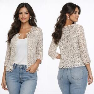 Womens Size Medium Cottagecore Floral Crochet Open Elegant Cardigan Boho Beaded